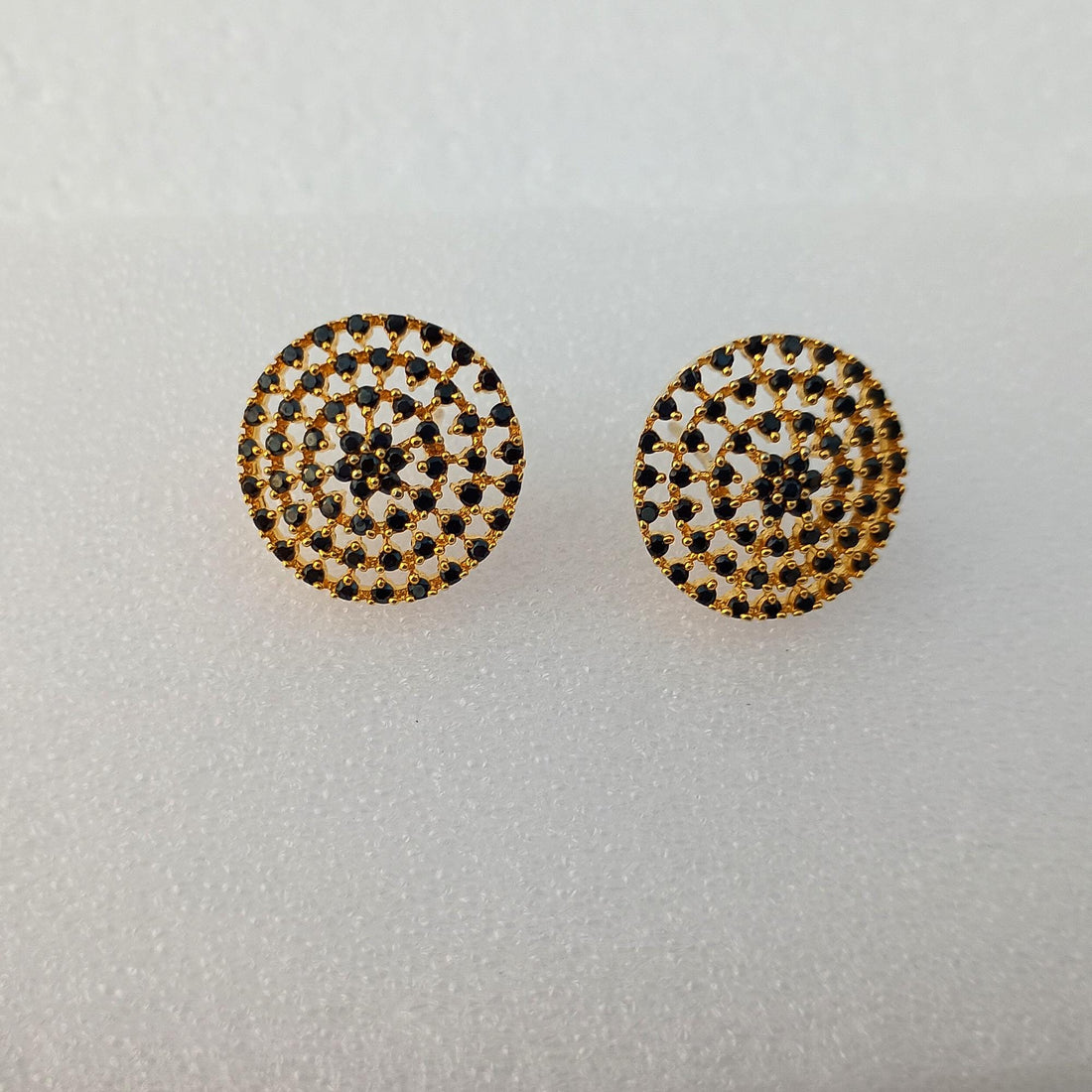 Art Deco Black Onyx Sapphire Emerald Earrings | Gold Plated Round Stud Earrings | Bridal Wedding Jewelry | Vintage Studs | Gift for Her — 8