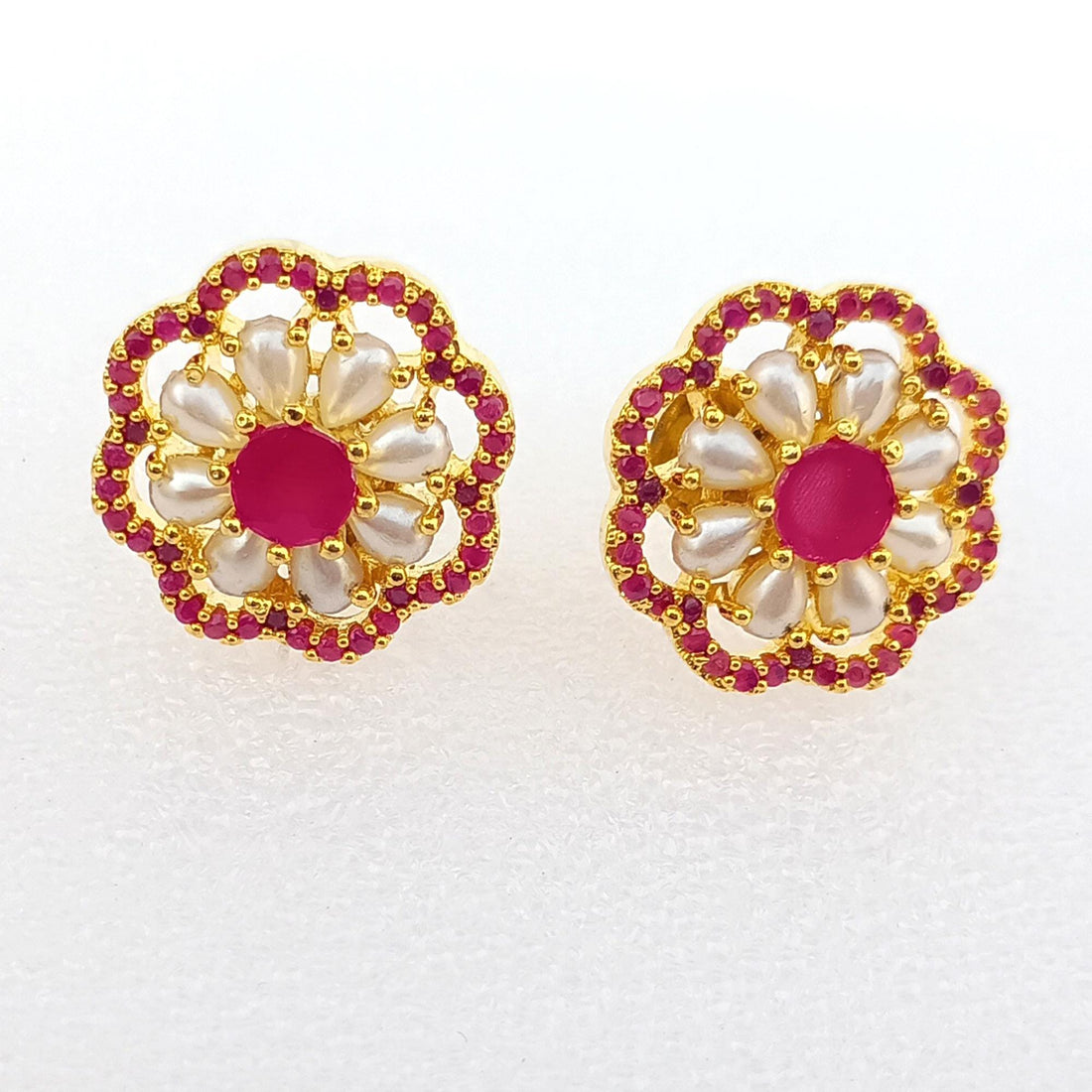 Ruby Pearl Art Deco Earrings | Gold Plated Bridal Wedding Jewelry | Vintage Style Statement Earrings | Elegant Party Wear | Gift for Her — 5