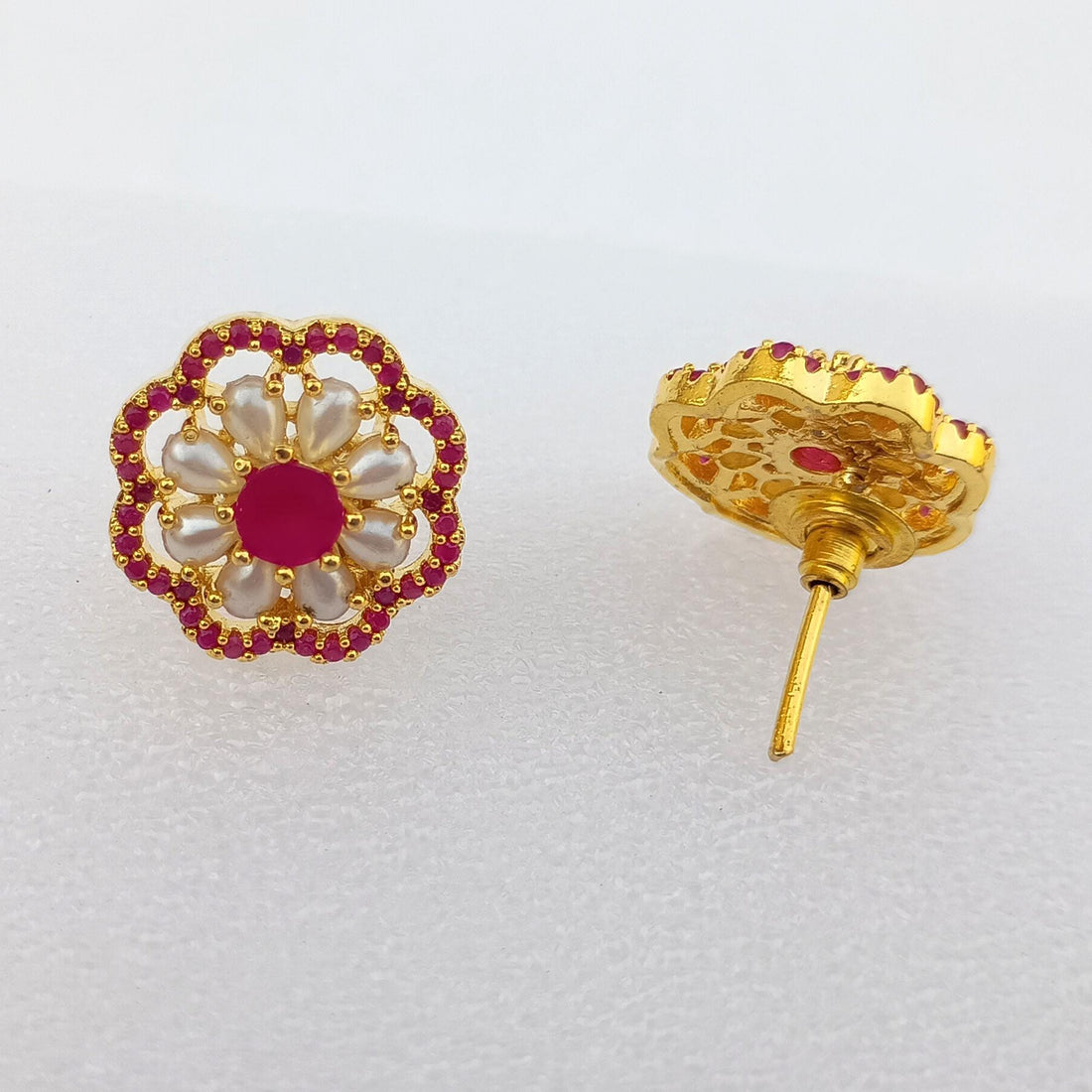 Ruby Pearl Art Deco Earrings | Gold Plated Bridal Wedding Jewelry | Vintage Style Statement Earrings | Elegant Party Wear | Gift for Her — 7