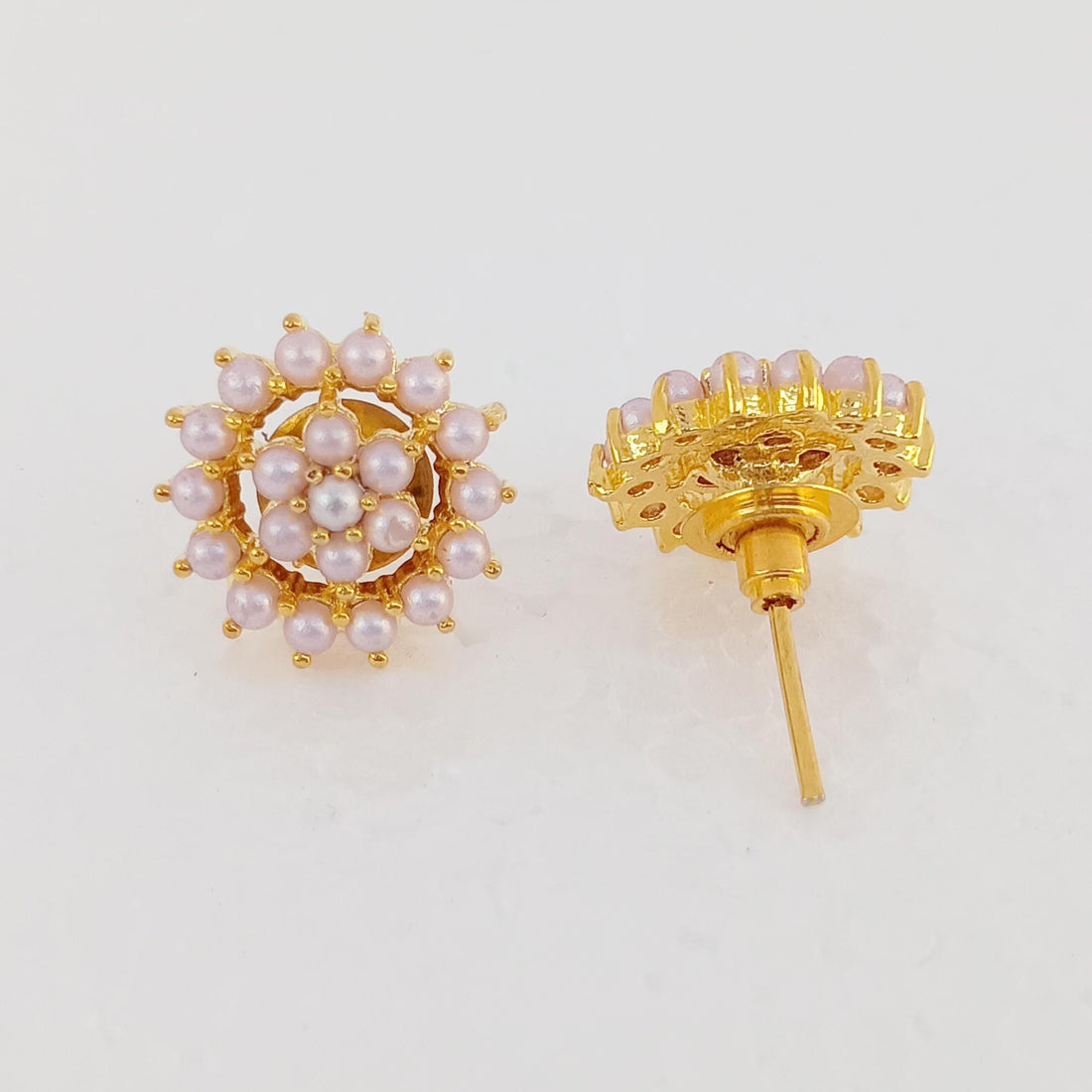 Art Deco Ruby Pearl Stud Earrings: Gold Plated Wedding Jewelry — 2