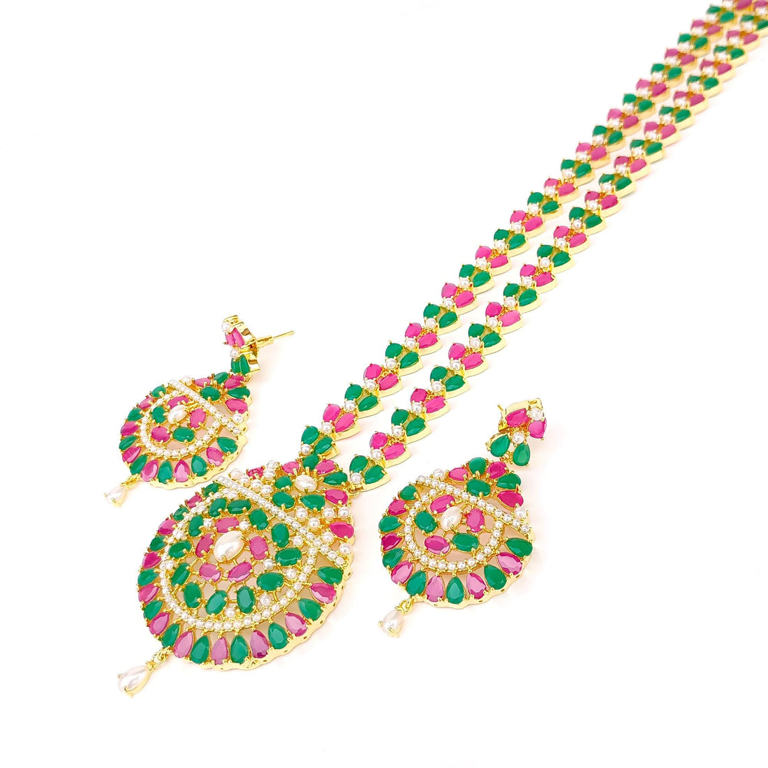 South Indian Ruby Emerald Pearl Necklace | Gold Plated Bridal Wedding Jewelry | Traditional Party Wear Necklace | Gift for Women — 8