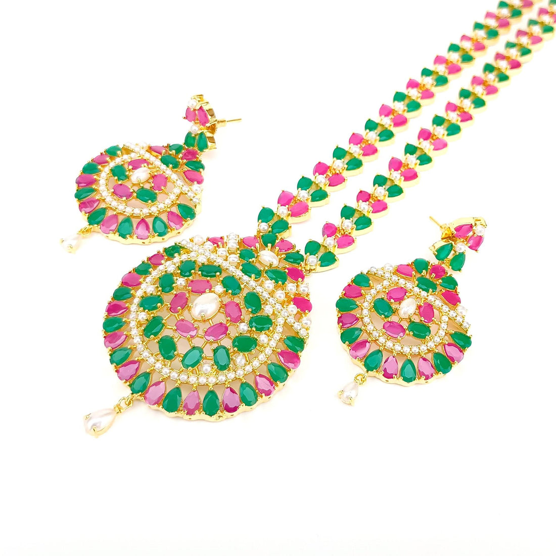 South Indian Ruby Emerald Pearl Necklace | Gold Plated Bridal Wedding Jewelry | Traditional Party Wear Necklace | Gift for Women — 5