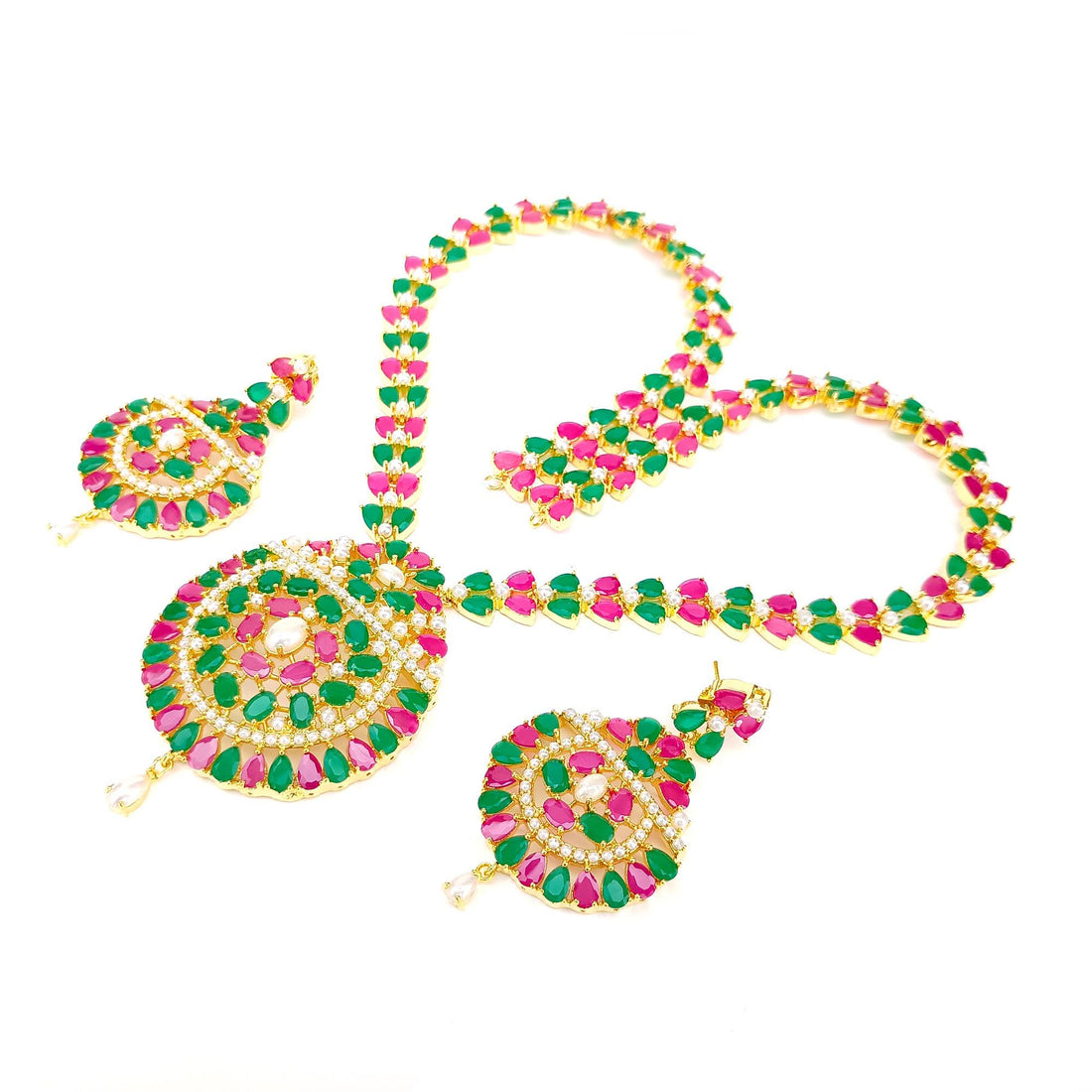 South Indian Ruby Emerald Pearl Necklace | Gold Plated Bridal Wedding Jewelry | Traditional Party Wear Necklace | Gift for Women — 3