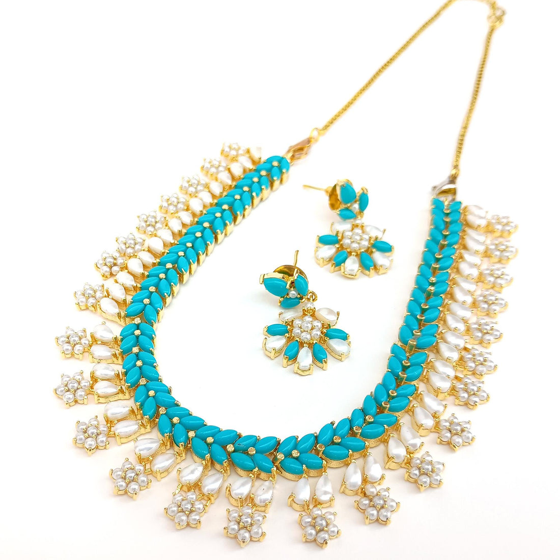 Turquoise and Pearl Choker Necklace Set | Gold Plated Jewelry | Handmade Indian Bridal Necklace with Earrings | Ethnic Statement Jewelry — 6