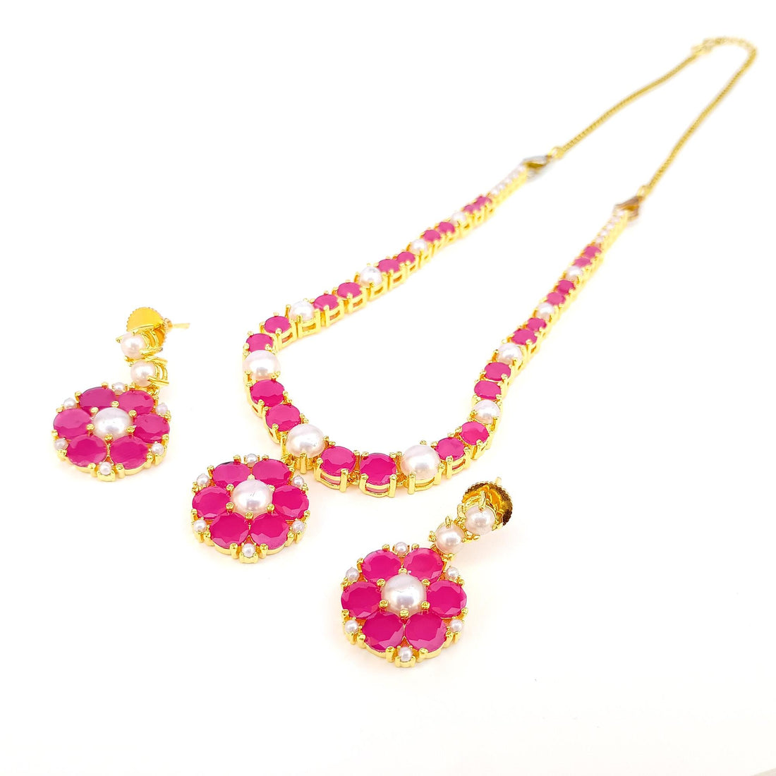 Gold Plated Ruby Pearl Floral Necklace | South Indian Lightweight Bridal Jewelry | Traditional Wedding Wear | Ruby Necklace | Gift for Her — 6