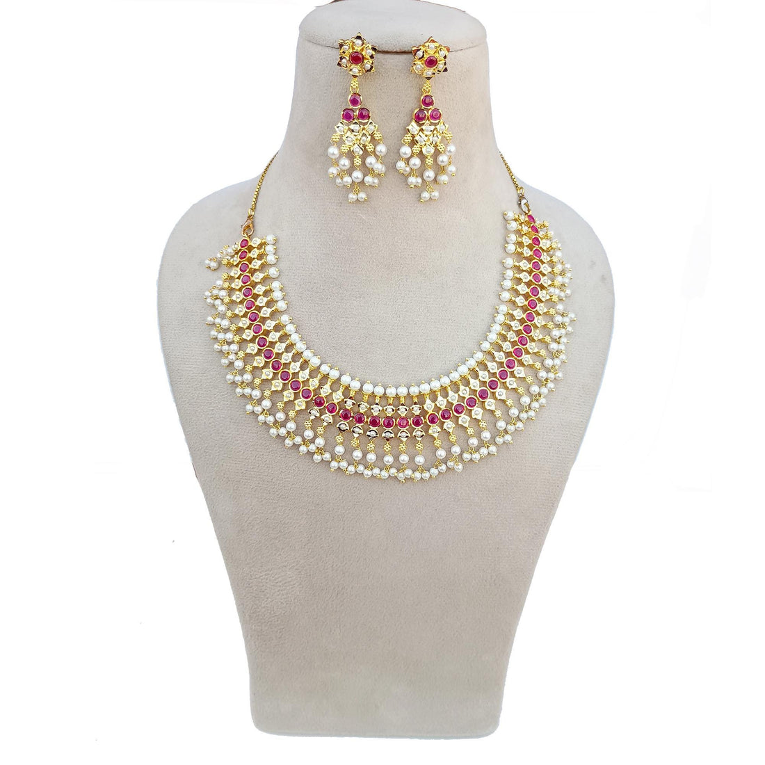 Ruby Emerald Pearl Gold Plated Necklace: South Indian Bridal Jewelry — 3