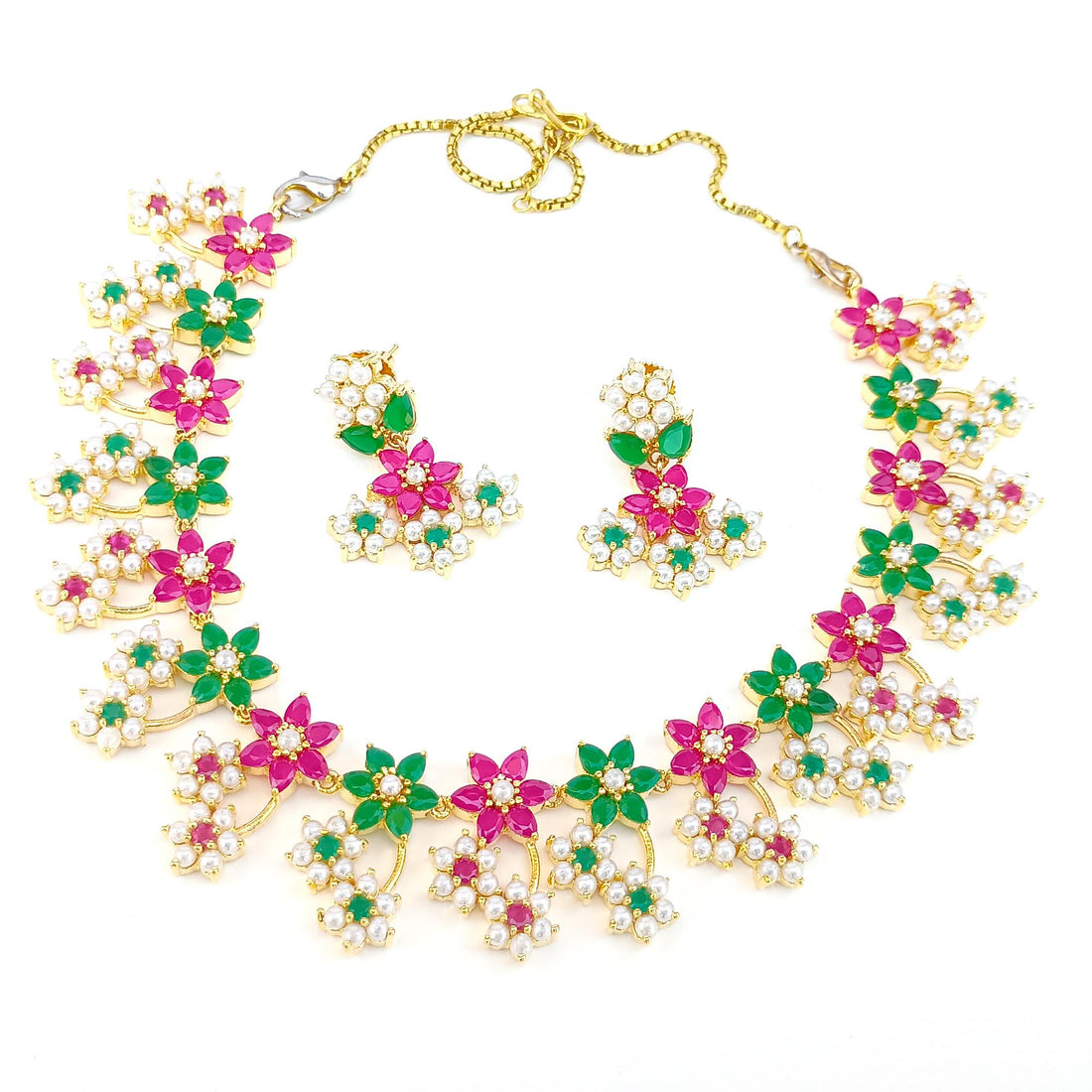Gold Plated Multicolor Stone & Pearl Necklace Set | Indian Bridal Wedding Jewelry | Traditional Ethnic Statement Necklace | Gift For Her — 7