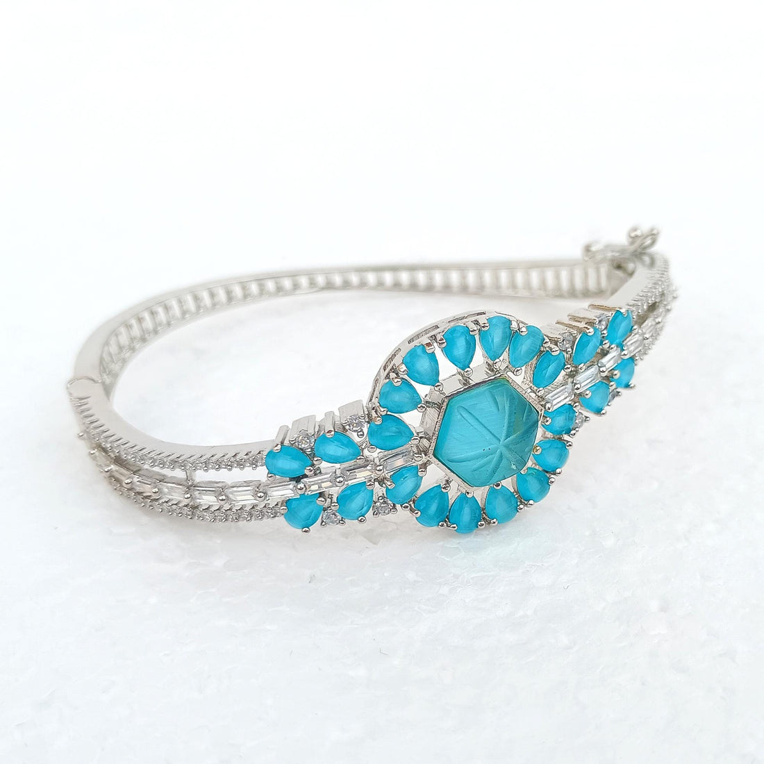 Aqua Chalcedony Stone Bangle | White Plated Bracelet | Boho Hippie Style Bangle | Beautiful Handmade Jewelry | Women Jewelry | Gift For Her — 3