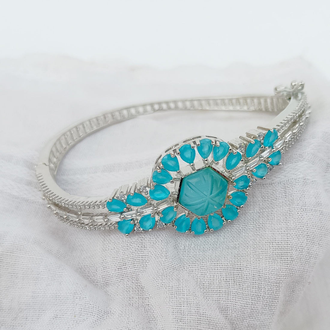Aqua Chalcedony Stone Bangle | White Plated Bracelet | Boho Hippie Style Bangle | Beautiful Handmade Jewelry | Women Jewelry | Gift For Her — 8