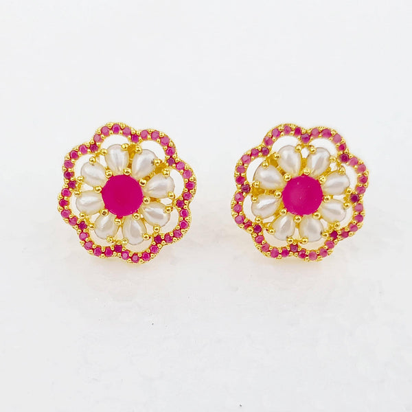 Ruby Pearl Art Deco Earrings | Gold Plated Bridal Wedding Jewelry | Vintage Style Statement Earrings | Elegant Party Wear | Gift for Her