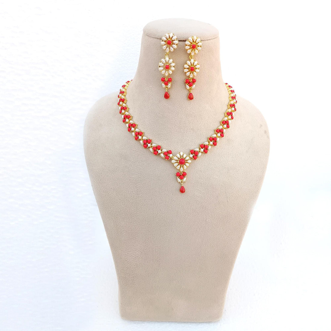 22K Gold Plated Coral Necklace Set | Handmade Indian Traditional Temple Bridal Jewelry | Red Wedding Necklace with Earrings | Gift For Her — 4