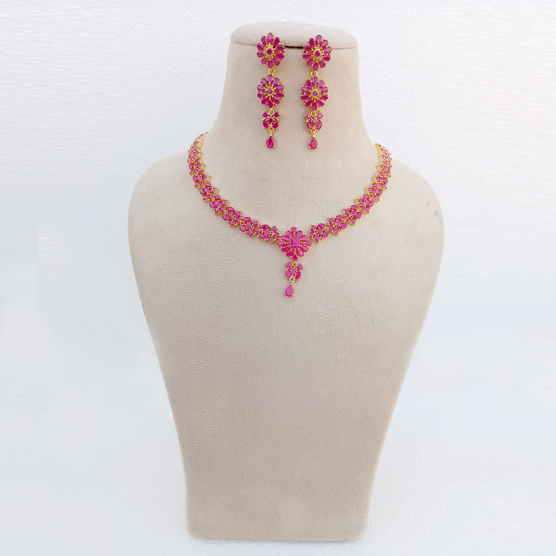 Handmade 22K Gold Plated Red Ruby Necklace Set | Indian Bridal Temple Design Jewelry with Earrings | Traditional Wedding Wear | Gift For Her — 4
