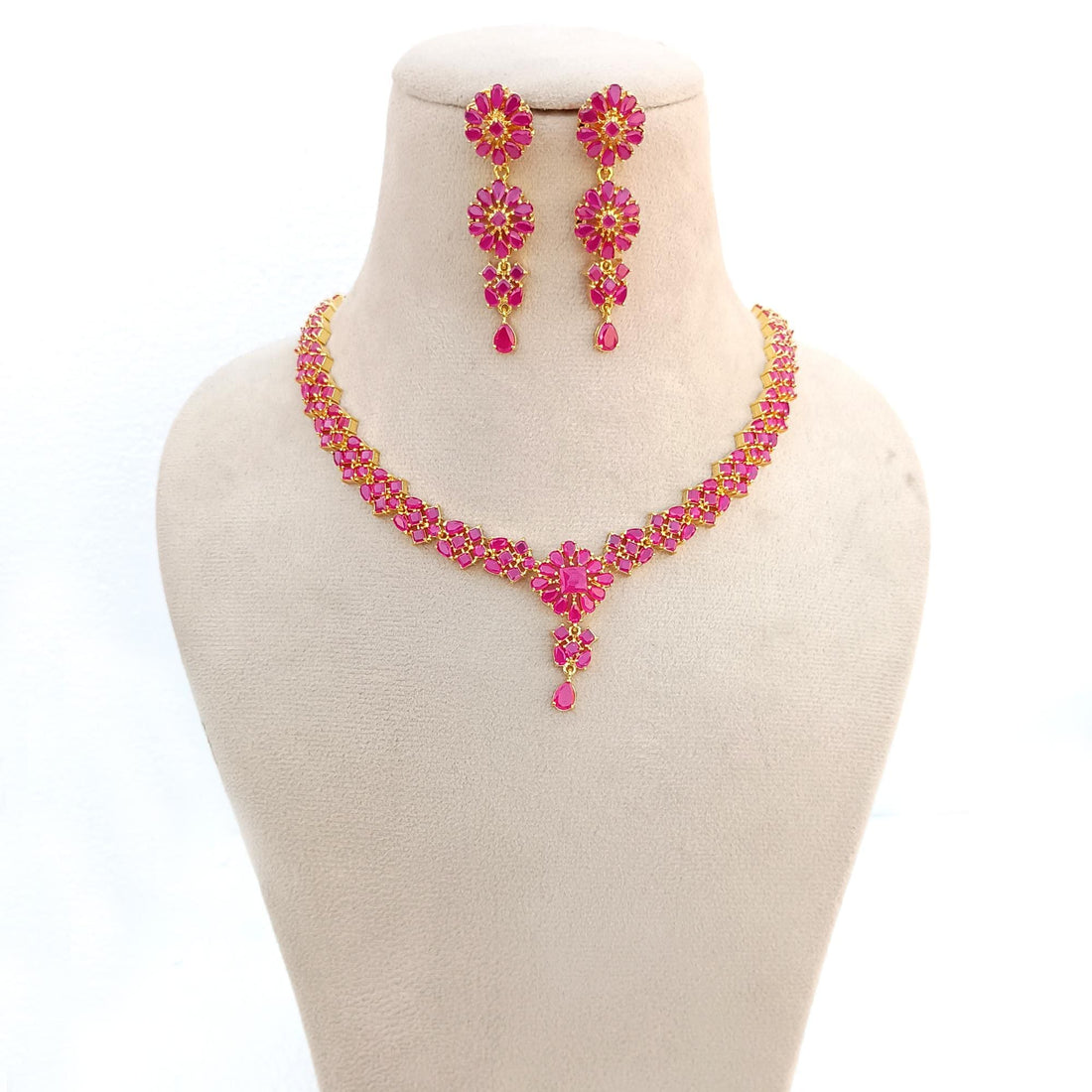 Handmade 22K Gold Plated Red Ruby Necklace Set | Indian Bridal Temple Design Jewelry with Earrings | Traditional Wedding Wear | Gift For Her — 6