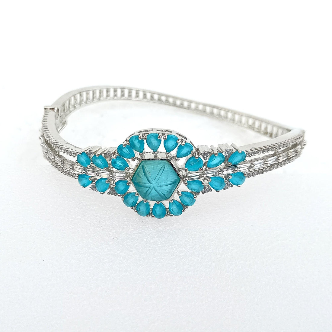Aqua Chalcedony Stone Bangle | White Plated Bracelet | Boho Hippie Style Bangle | Beautiful Handmade Jewelry | Women Jewelry | Gift For Her — 1