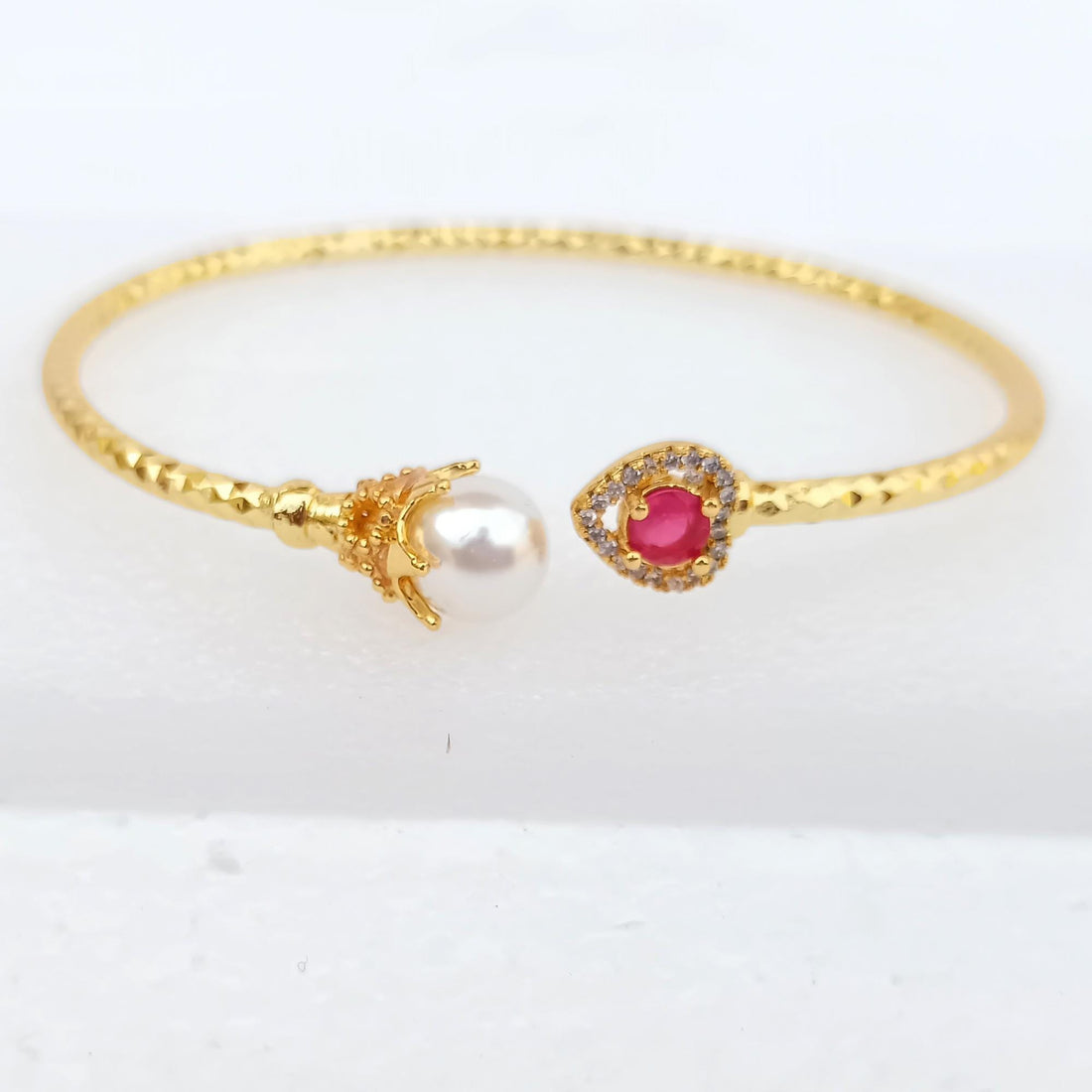 Ruby Pearl CZ Bangle | Gold Plated Bollywood Style Bracelet | Bridal Wedding Statement Bangle | Ethnic Party Wear Jewelry | Gift for Her — 4