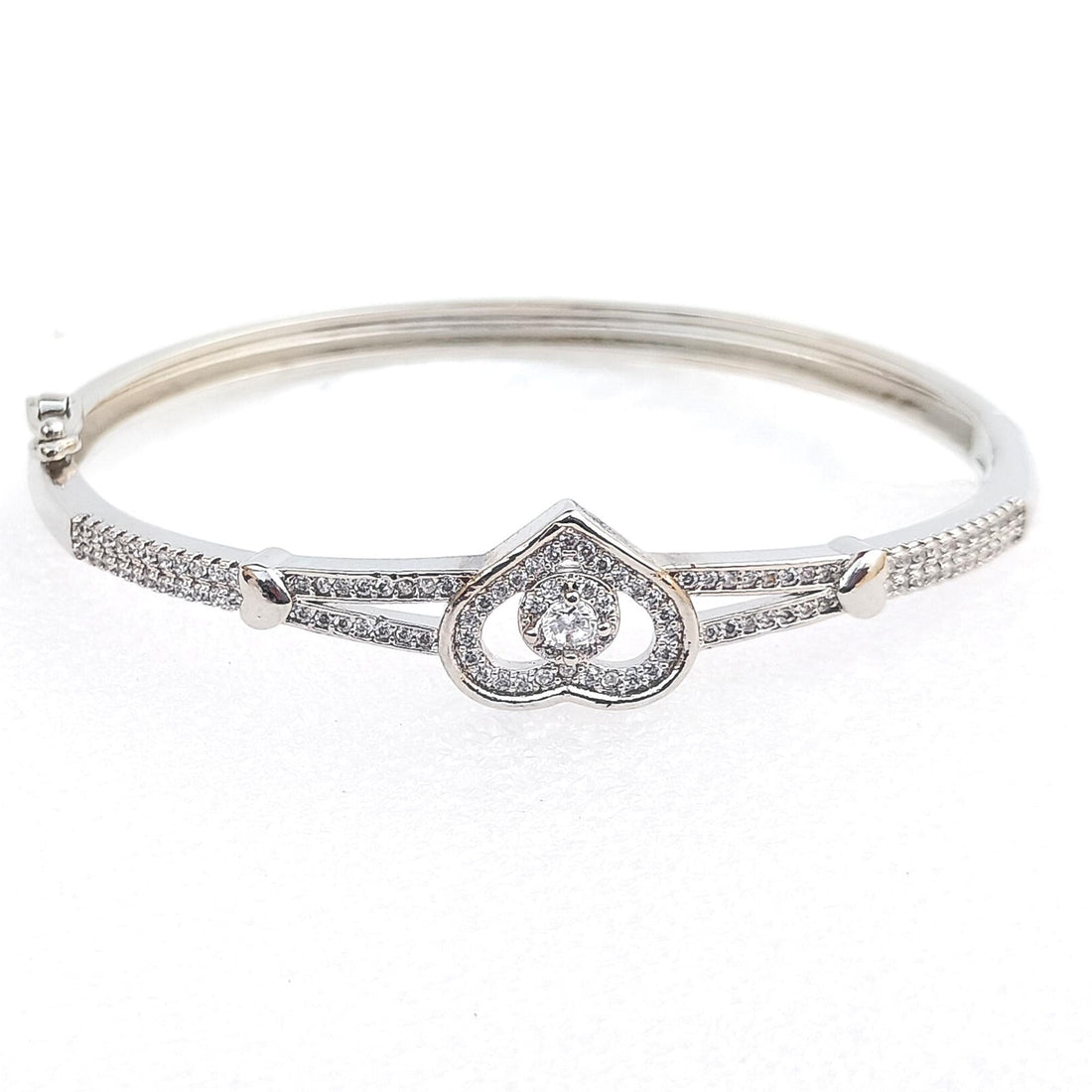 Heart Cubic Zirconia Bangle Bracelet | Tiny CZ Heart Minimal Cuff Bangle | Elegant Bridal Party Wear Jewelry | Gift for Her — 3