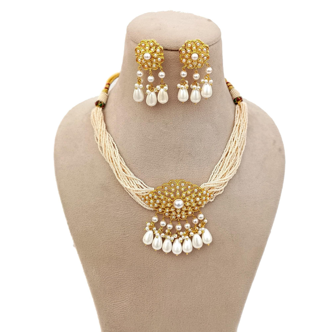 Gold Pearl Choker Necklace Set | Kundan Inspired Multi Strand Beaded Necklace | Handmade Indian Bridal Statement Jewelry with Earrings — 2