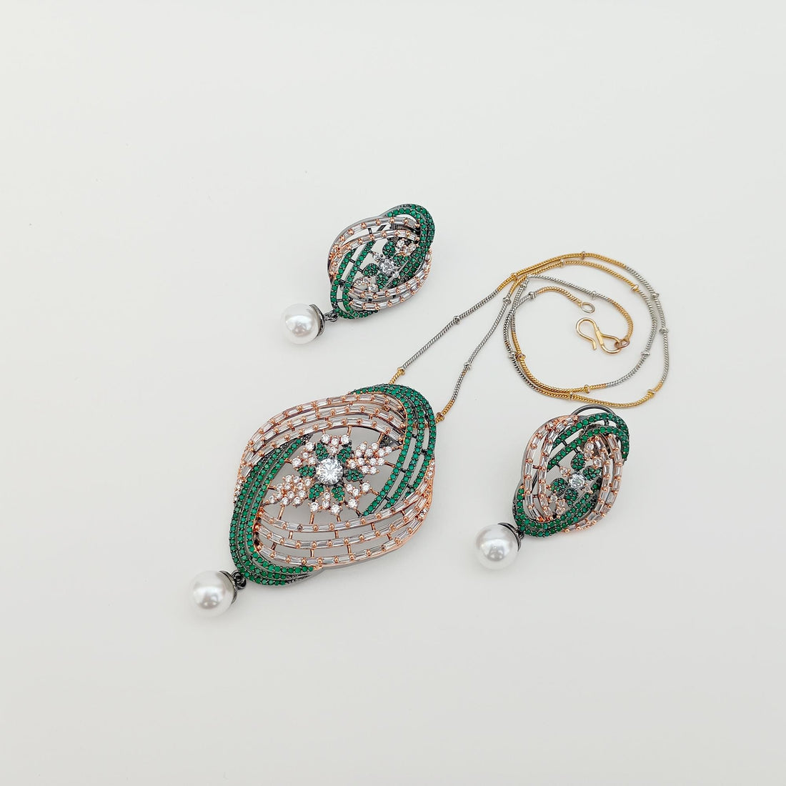 Emerald Pearl CZ Pendant Stud Set | Bollywood South Indian Jewelry | Victorian Handmade Jewelry | Bridal Wedding Necklace Set | Gift for Her — 2