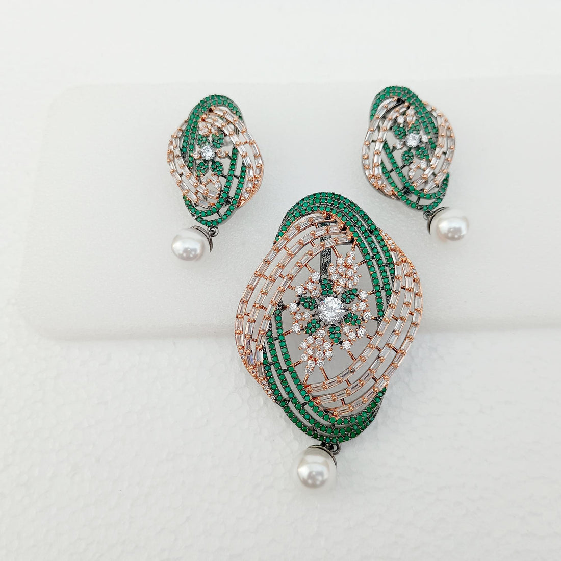 Emerald Pearl CZ Pendant Stud Set | Bollywood South Indian Jewelry | Victorian Handmade Jewelry | Bridal Wedding Necklace Set | Gift for Her — 4