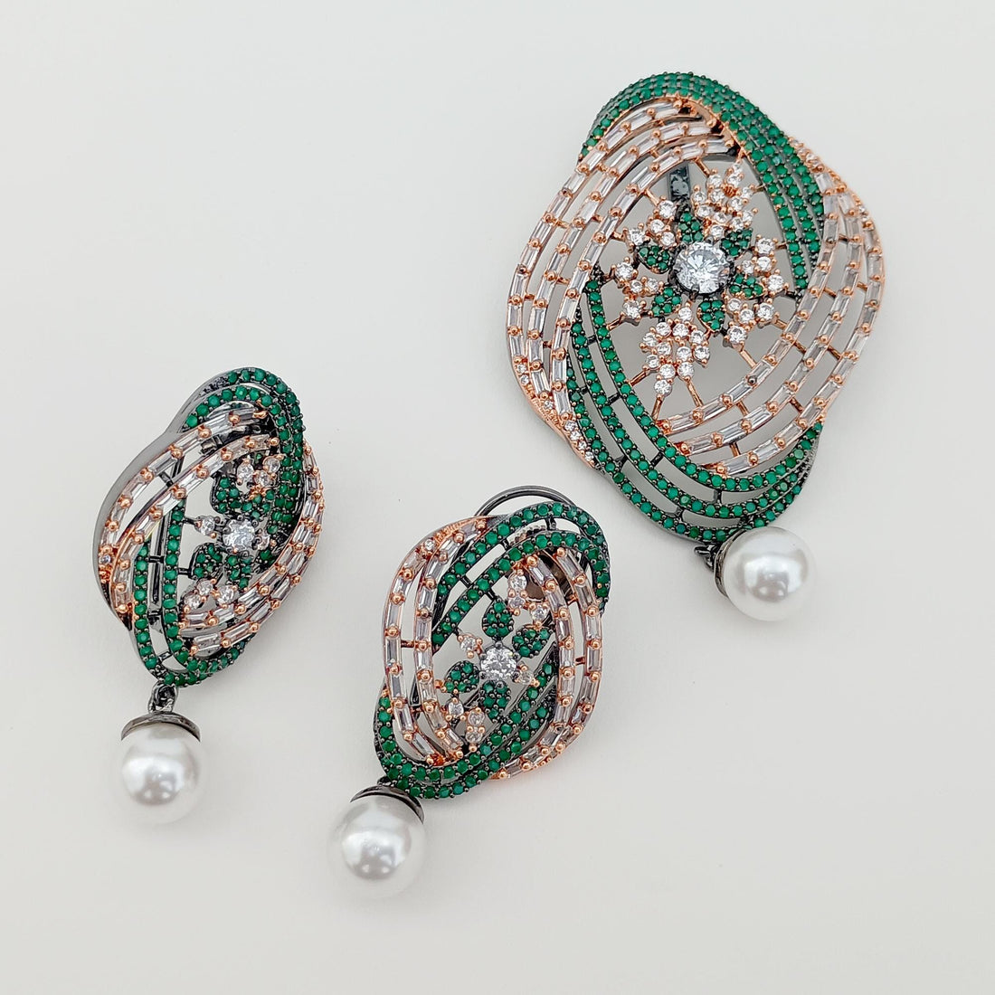 Emerald Pearl CZ Pendant Stud Set | Bollywood South Indian Jewelry | Victorian Handmade Jewelry | Bridal Wedding Necklace Set | Gift for Her — 5