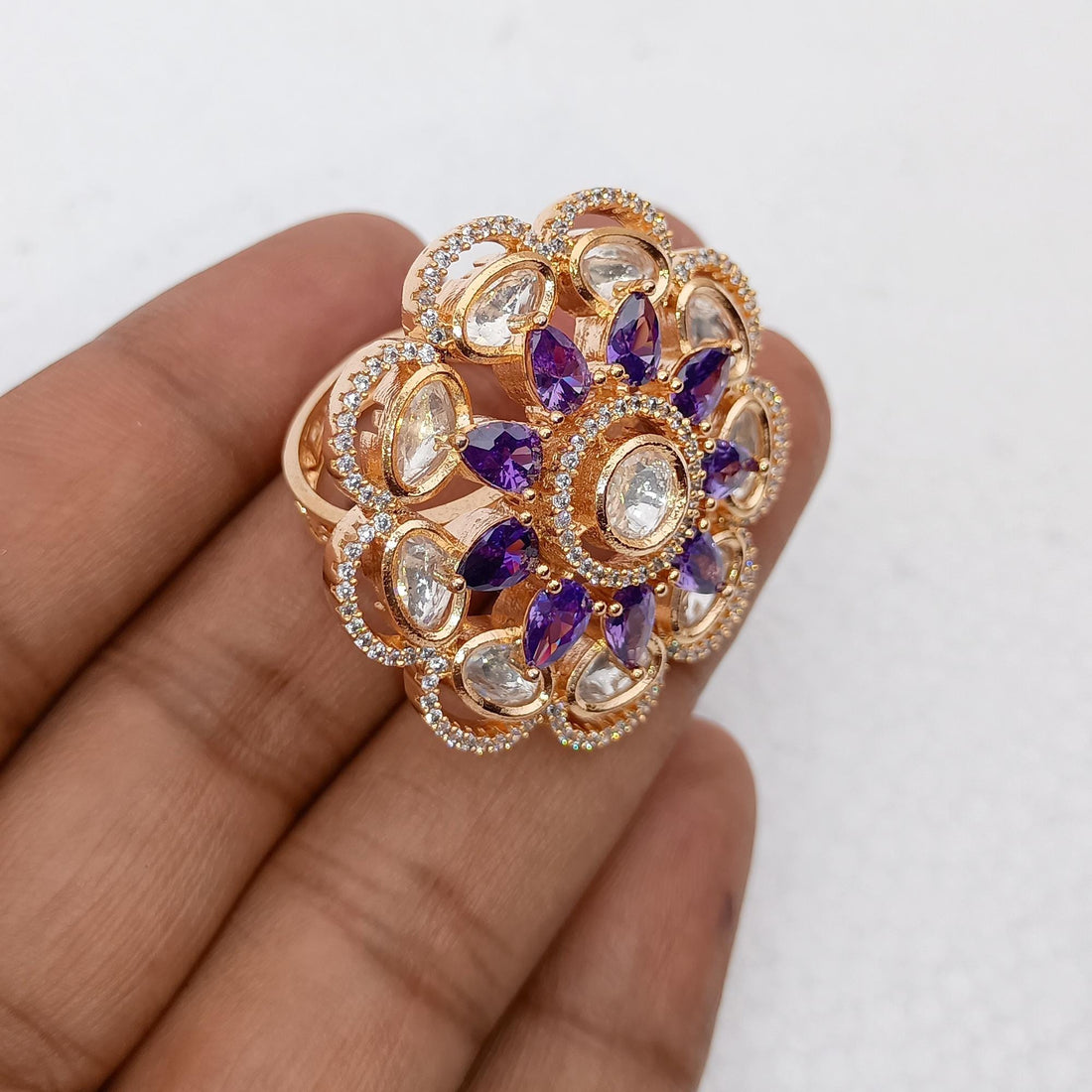 Gold Plated Cocktail Ring: Blue Teardrop Crystal, CZ Diamond Halo — 2
