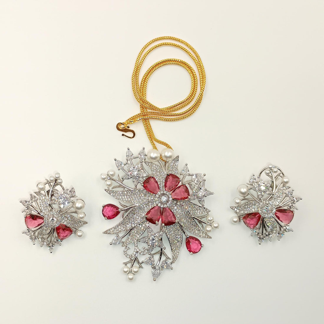 Victorian Style Ruby Pearl CZ Pendant Set | Bollywood Indian Jewelry | Bridal Wedding Necklace Set | Vintage Statement Jewelry |Gift for Her — 5