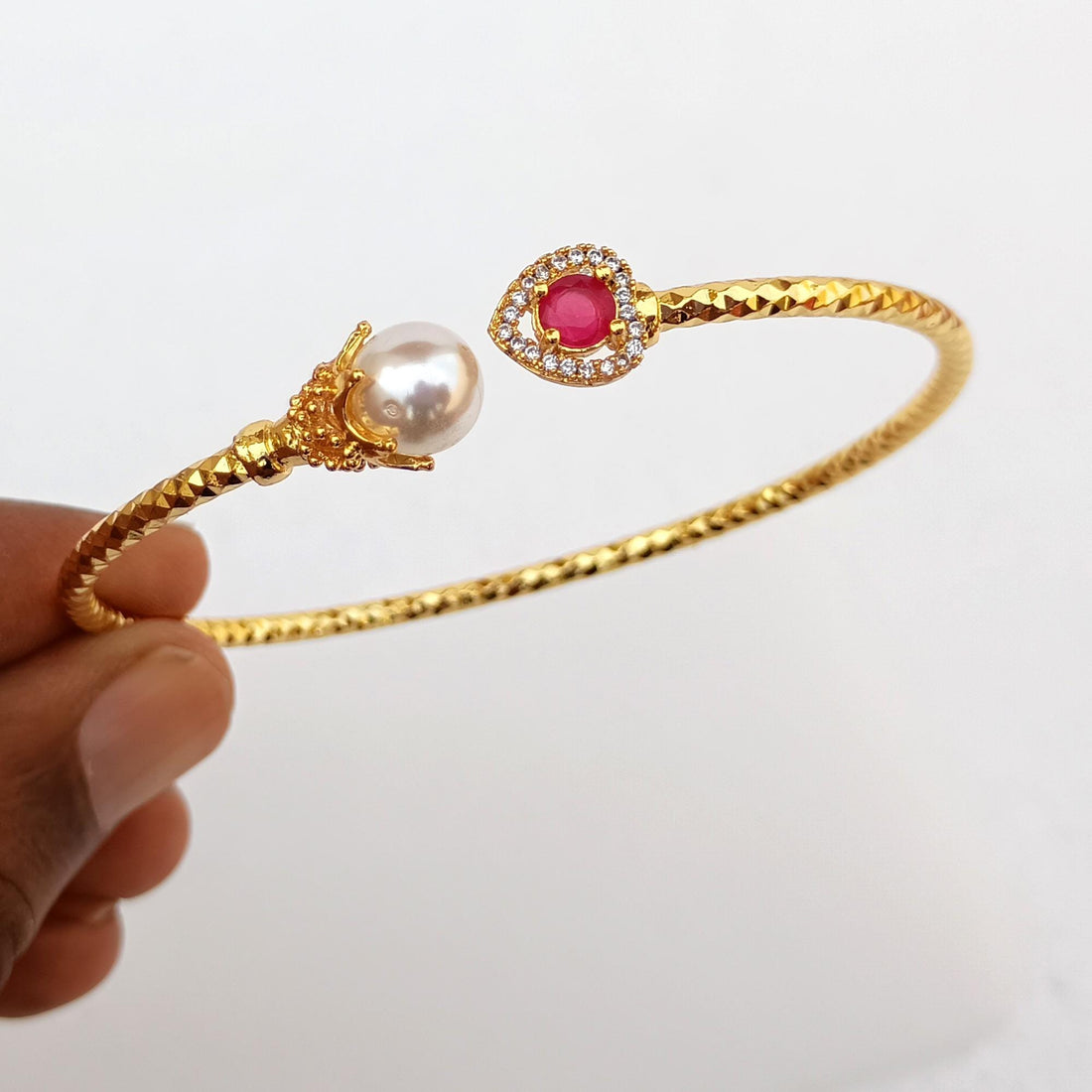 Ruby Pearl CZ Bangle | Gold Plated Bollywood Style Bracelet | Bridal Wedding Statement Bangle | Ethnic Party Wear Jewelry | Gift for Her — 7
