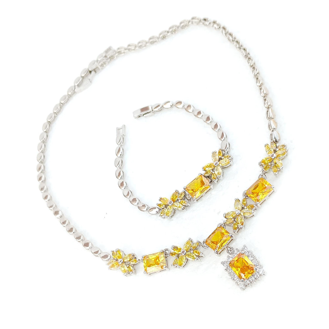 Minimalist Citrin Stone Necklace | Yellow Cut Stone Necklace Set | White Gold Plated Necklace Set | Wedding Necklace Set | Gift For Her — 5