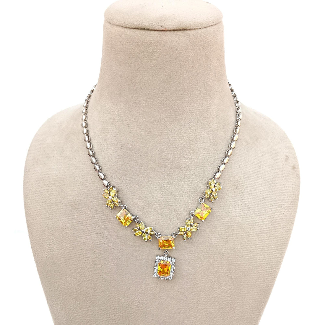 Minimalist Citrin Stone Necklace | Yellow Cut Stone Necklace Set | White Gold Plated Necklace Set | Wedding Necklace Set | Gift For Her — 3