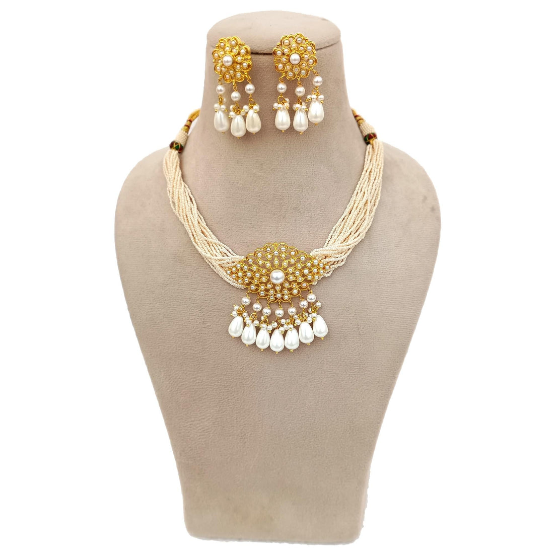 Gold Pearl Choker Necklace Set | Kundan Inspired Multi Strand Beaded Necklace | Handmade Indian Bridal Statement Jewelry with Earrings — 3