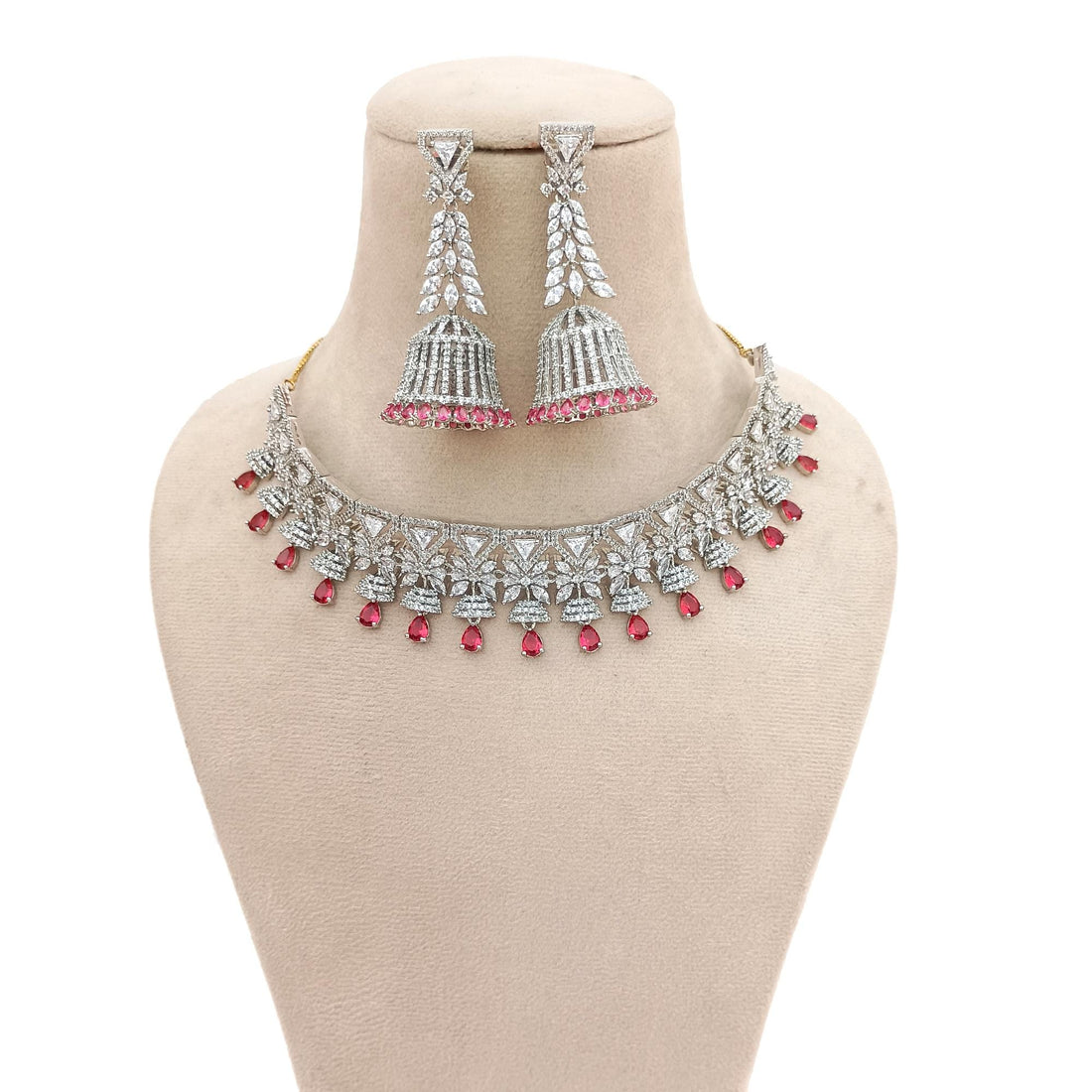 Gold Plated Garnet Cubic Zirconia Necklace Set | White Gold Indian Jewelry | Bridal Wedding Statement Necklace | Gift For Her — 2