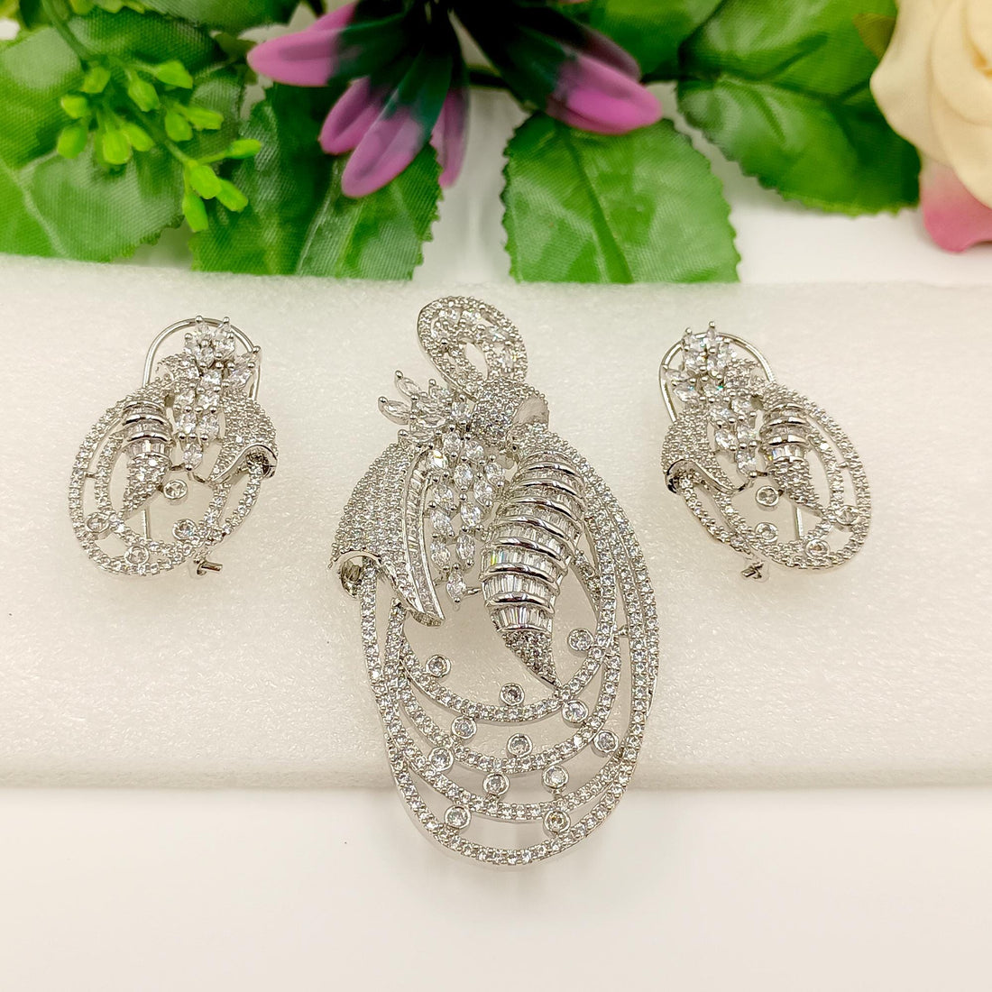Gold-Plated Ruby & CZ Jewelry Set: Floral Necklace, Earrings, Brooch — 4