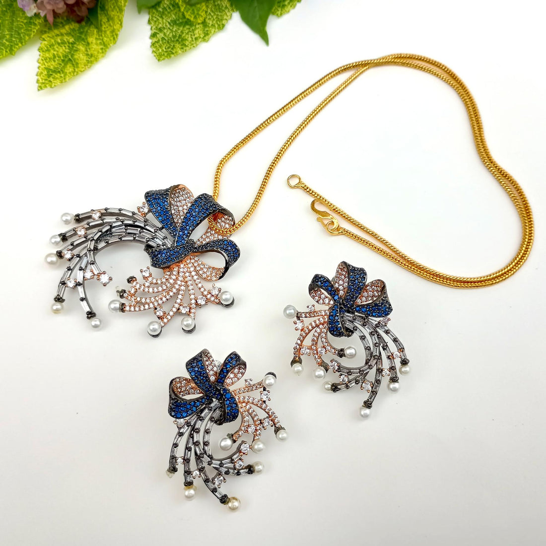 Victorian Style Sapphire-CZ Pendant Necklace: Indian Bridal Jewelry — 3