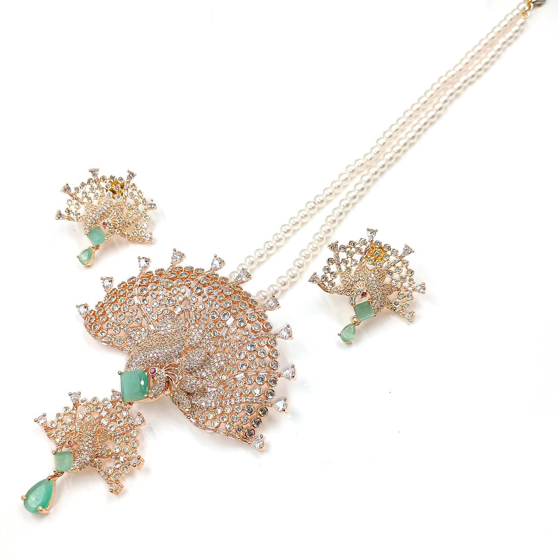 Emerald Moonstone CZ Pendant Set: Handmade Victorian Style Necklace — 2