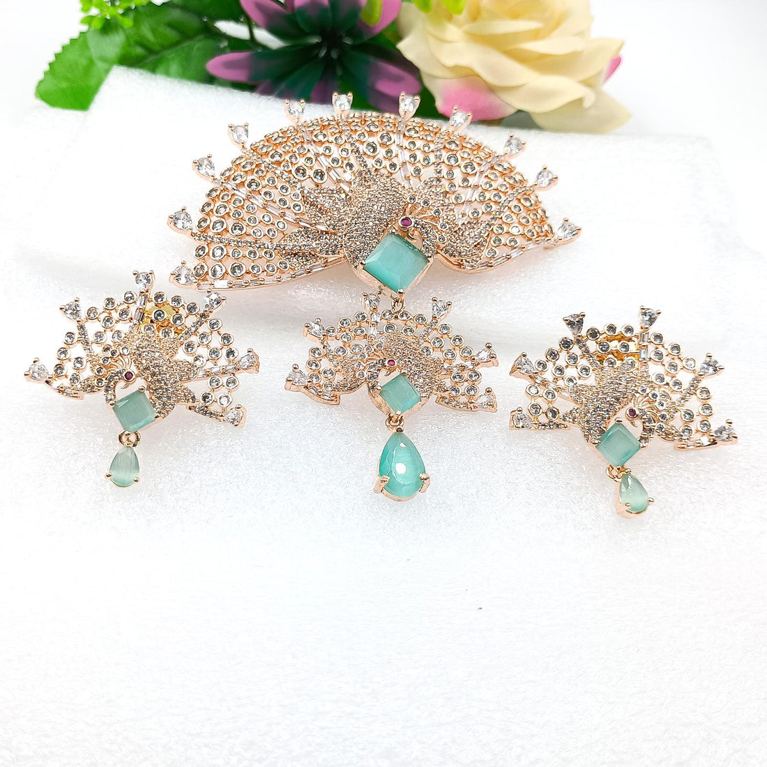 Emerald Moonstone CZ Pendant Set: Handmade Victorian Style Necklace — 4