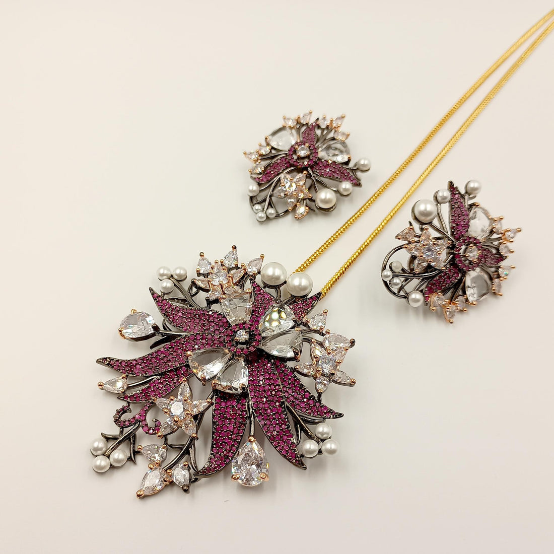 Victorian Style Ruby Pearl CZ Pendant Set | Bollywood Indian Jewelry | Bridal Wedding Necklace Set | Vintage Statement Jewelry |Gift for Her — 1