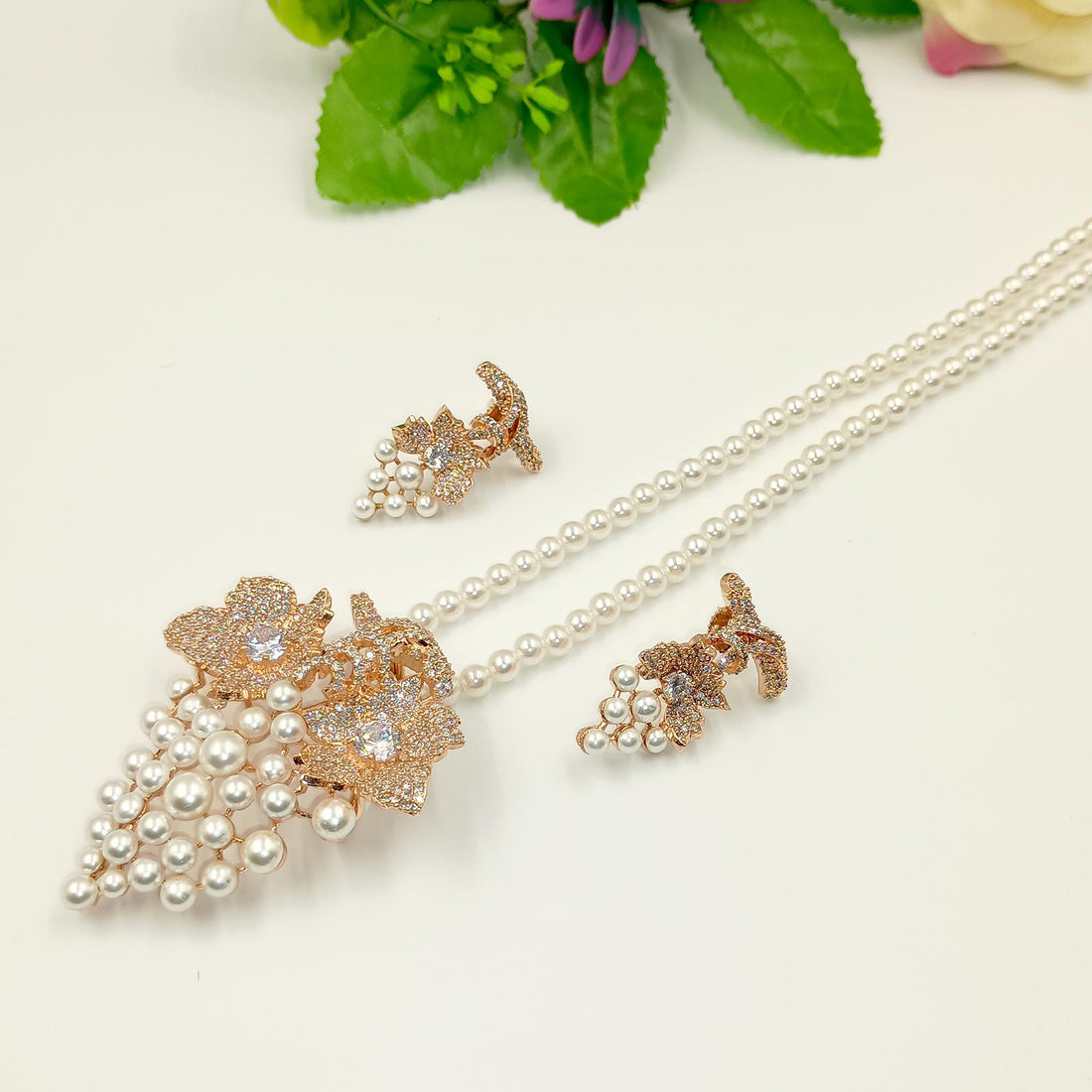 Pearl & Cubic Zirconia Victorian Pendant Set: Elegant Bohemian Jewelry — 2