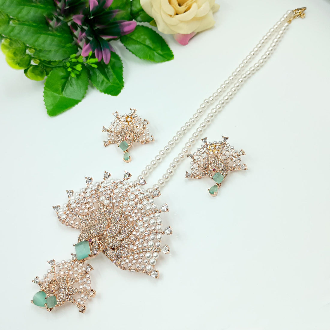 Emerald Rose Quartz Pearl Pendant Necklace: Victorian Style Statement Jewelry — 4