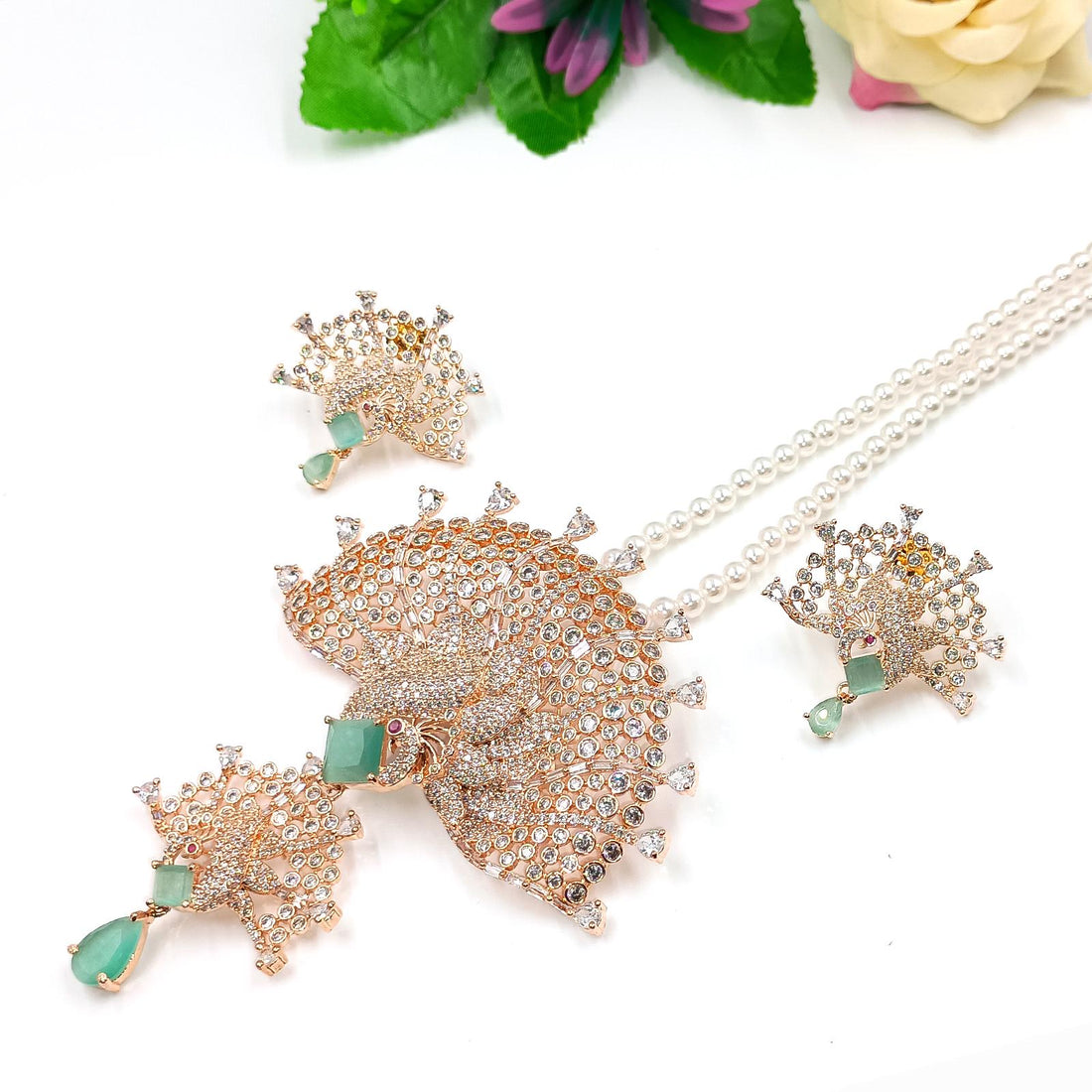 Emerald Moonstone CZ Pendant Set: Handmade Victorian Style Necklace — 5