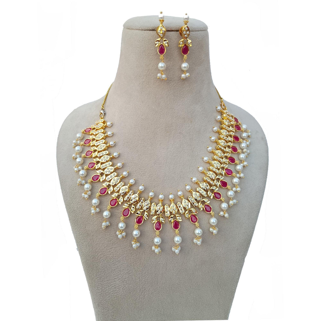 Gold Plated Ruby Bridal Necklace Set | South Indian Wedding Jewelry | Gift For Her | Traditional Necklace | Engagement Necklace — 8