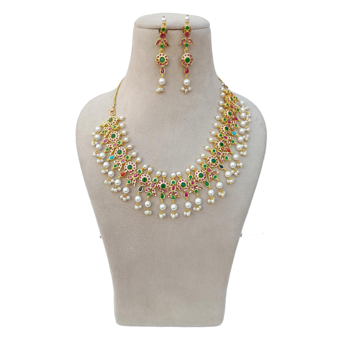 Gold Plated Ruby Necklace Set | South Indian Bridal Wedding Necklace | Traditional Jewelry | Ethnic Statement Necklace | Gift For Her — 2