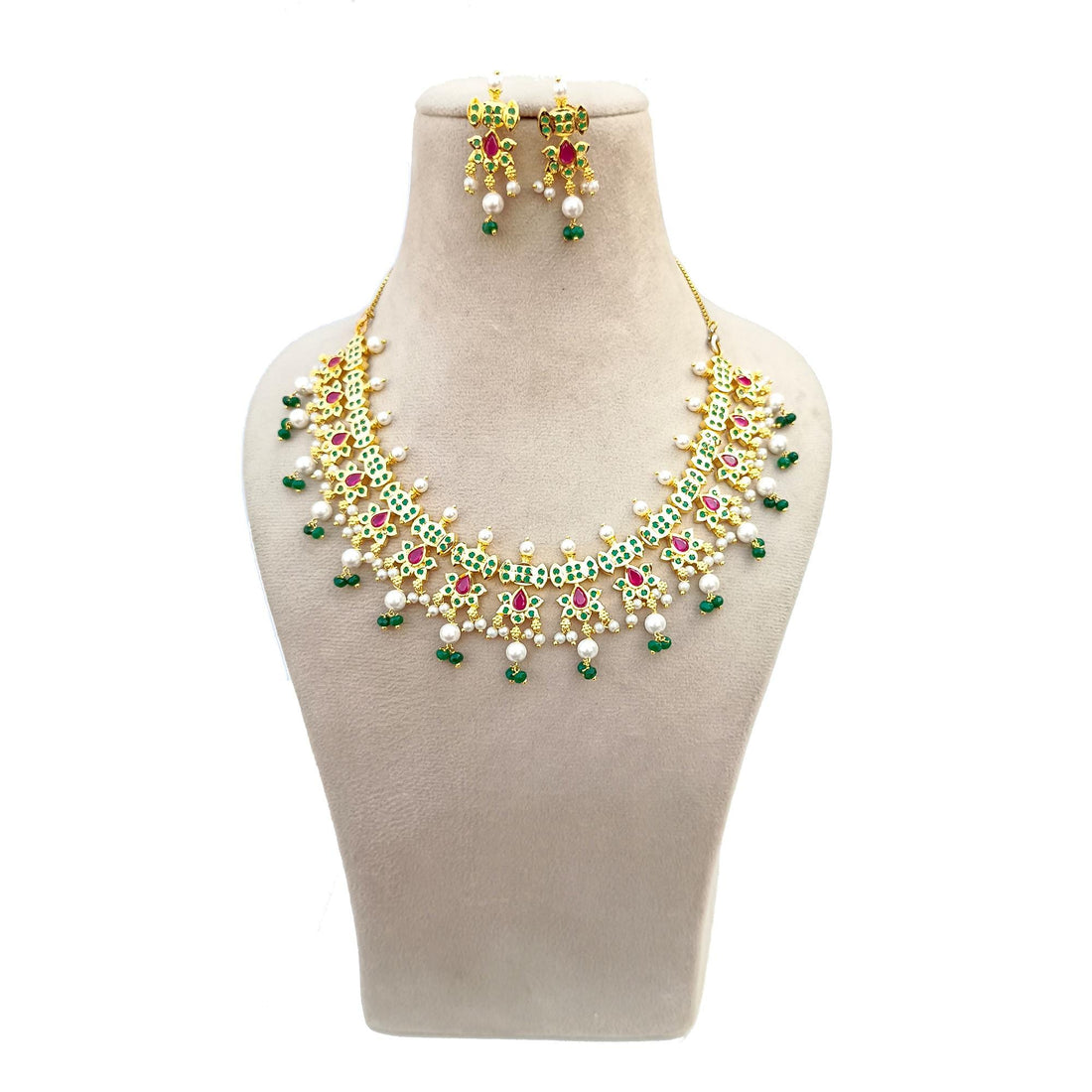 Ruby Emerald Pearl Gold Plated Necklace | Ruby Emerald Pearl Jewelry | South Indian Wedding Set | Gift For Bride | Indian Bridal Jewelry — 2