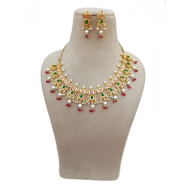 Ruby Emerald Pearl Gold Plated Necklace | Ruby Emerald Pearl Jewelry | South Indian Wedding Set | Gift For Bride | Indian Bridal Jewelry