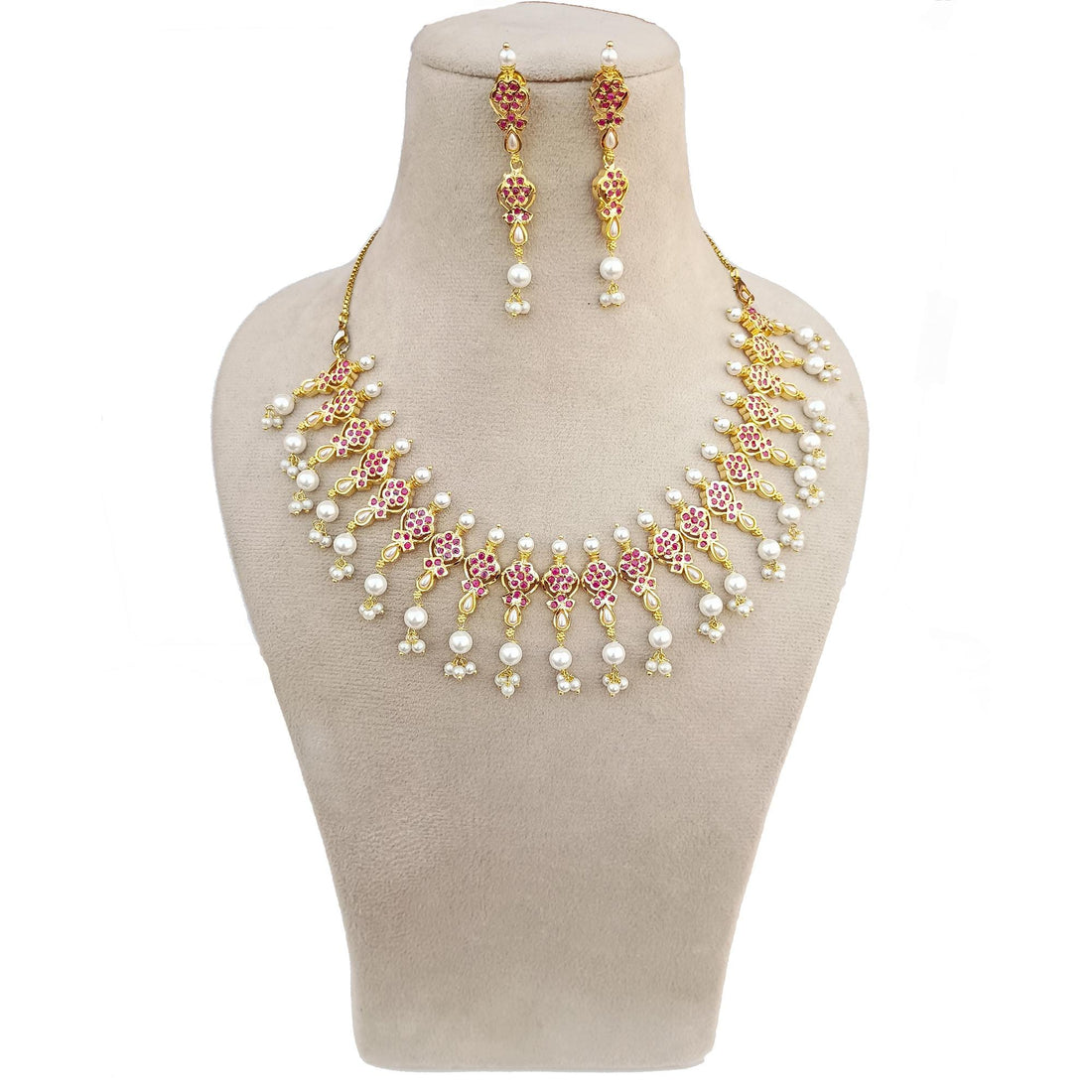 South Indian Ruby Emerald Pearl Long Necklace | Gold Plated Traditional Haram | Bridal Wedding Necklace | Engagement Jewelry | Gift for Her — 5