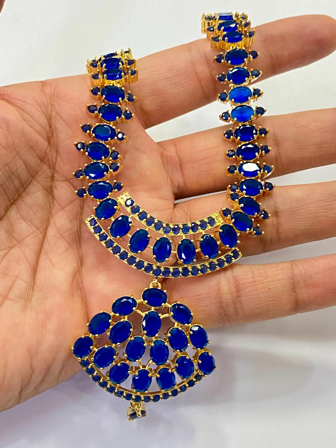 22k Gold Plated Blue Choker Necklace Set | South Indian Bridal Jewelry | Wedding Statement Necklace | Blue Sapphire Necklace — 5