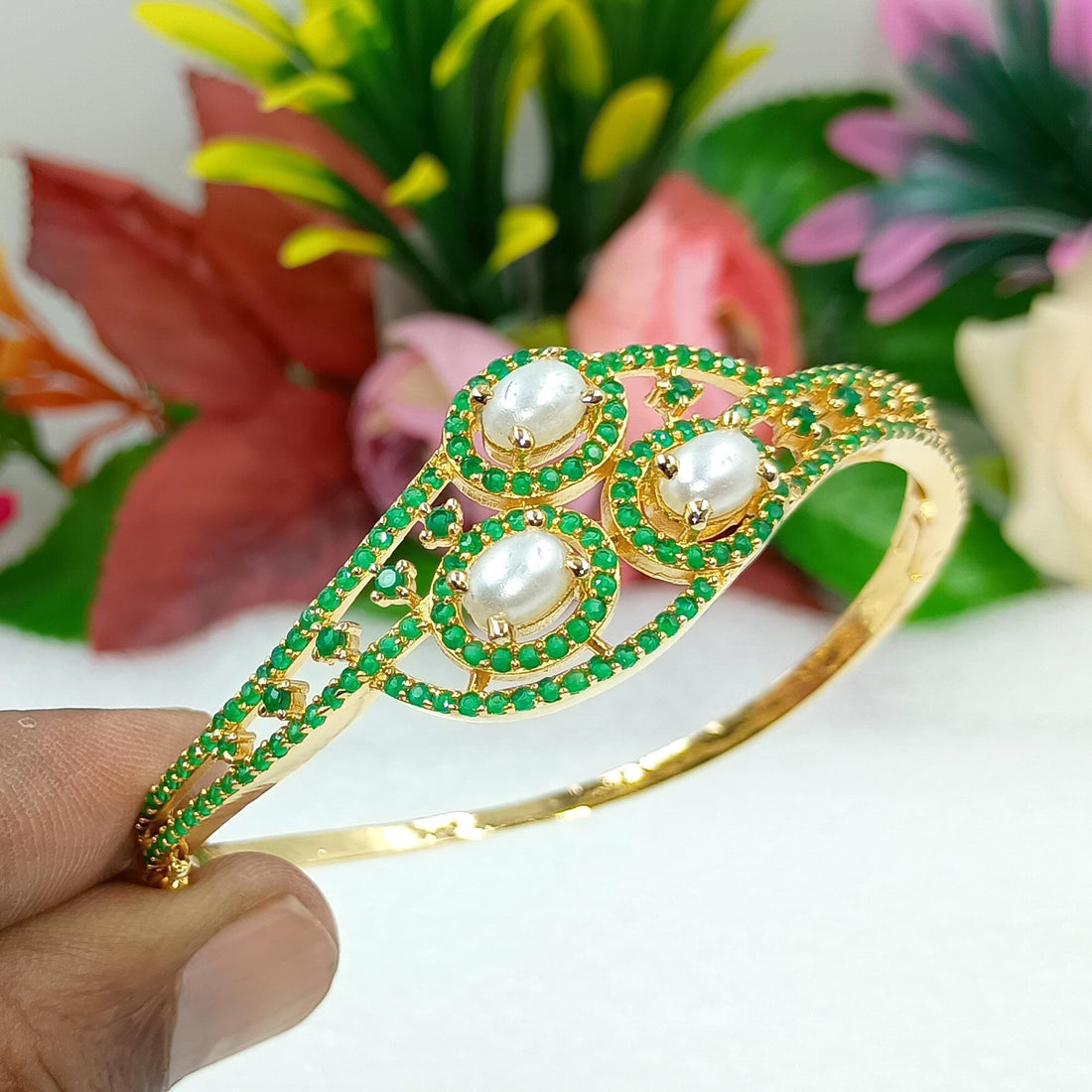 Gold Plated Emerald & Pearl Indian Bangle Bridal Jewelry | Handcrafted Bridal Jewelry | Gift For Her | Emerald Cuff | Boho Luxe Jewelry — 6