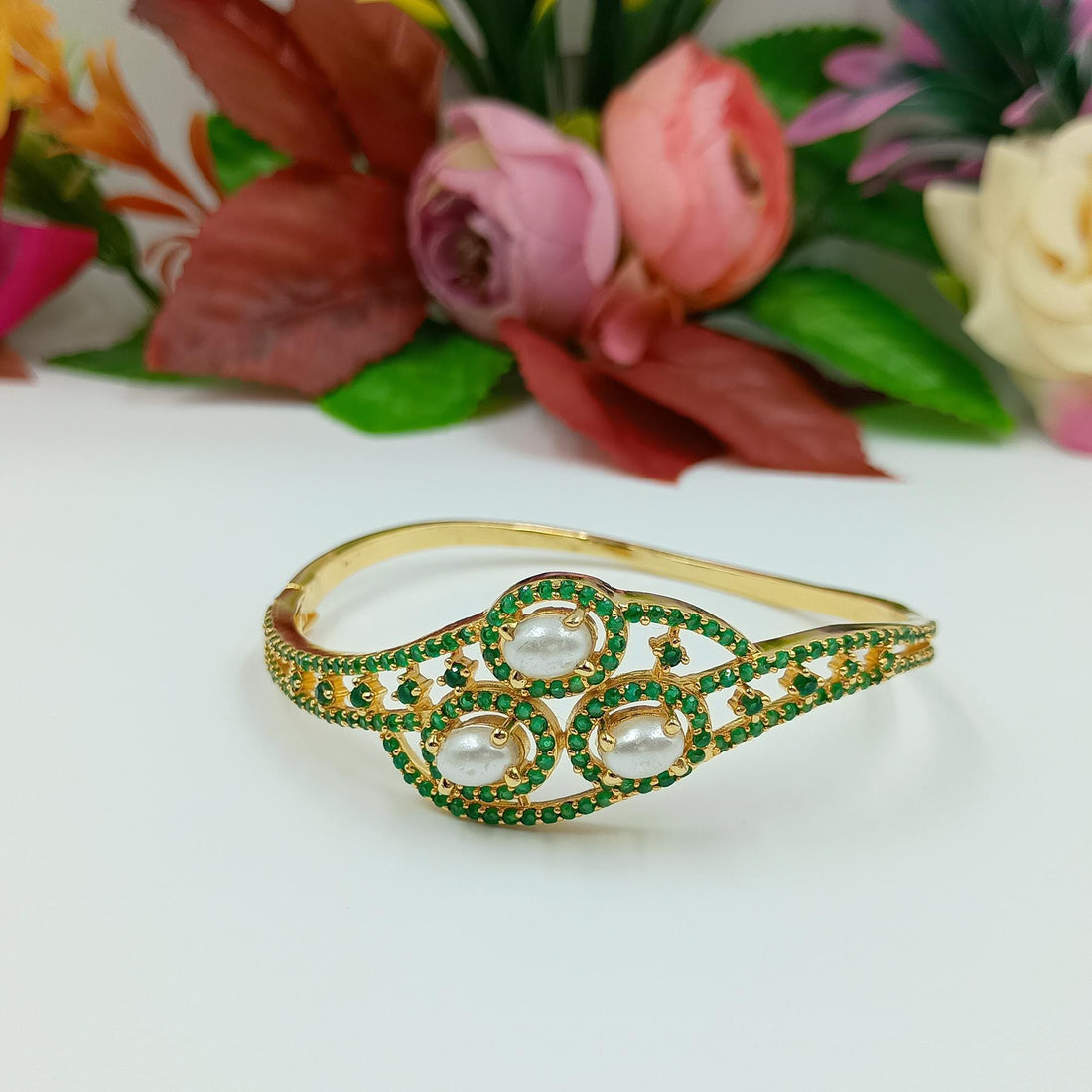 Gold Plated Emerald & Pearl Indian Bangle Bridal Jewelry | Handcrafted Bridal Jewelry | Gift For Her | Emerald Cuff | Boho Luxe Jewelry — 4