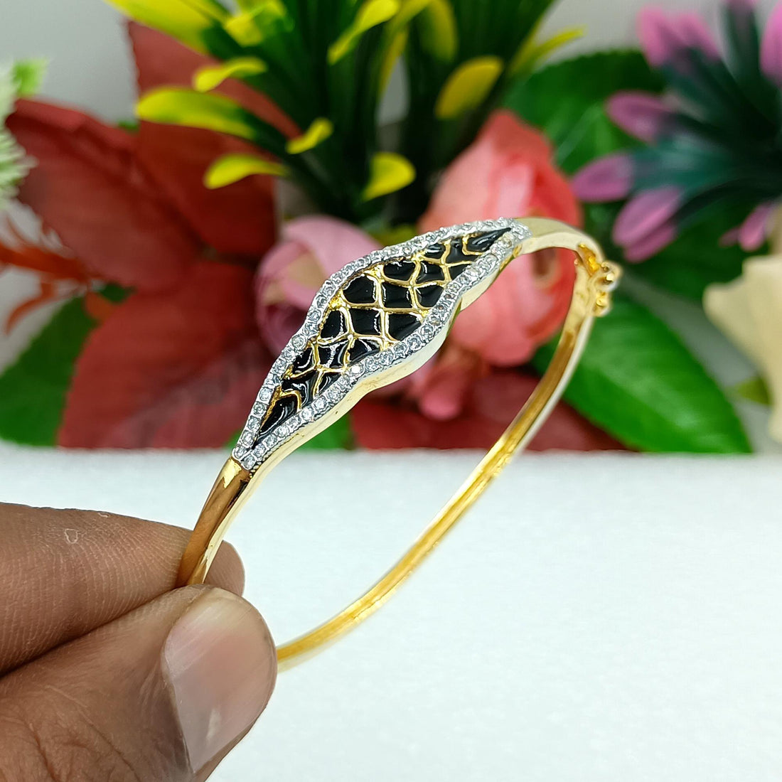 Gold Plated Black Enamel CZ Bracelet | Indian Kada Bangle with Black Onyx Stone | Statement Party Wear Jewelry | Gift for Women — 6