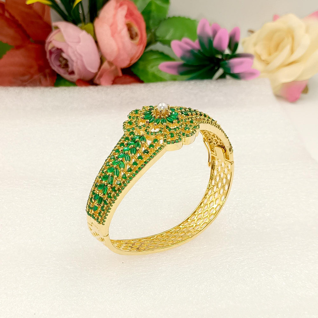 Gold Plated Emerald & Pearl Cuffs Indian Bracelet | Heritage Kundan Bridal Bangles | Indian Bridal Jadau Jewelry | Bracelet | Gift For Her — 3