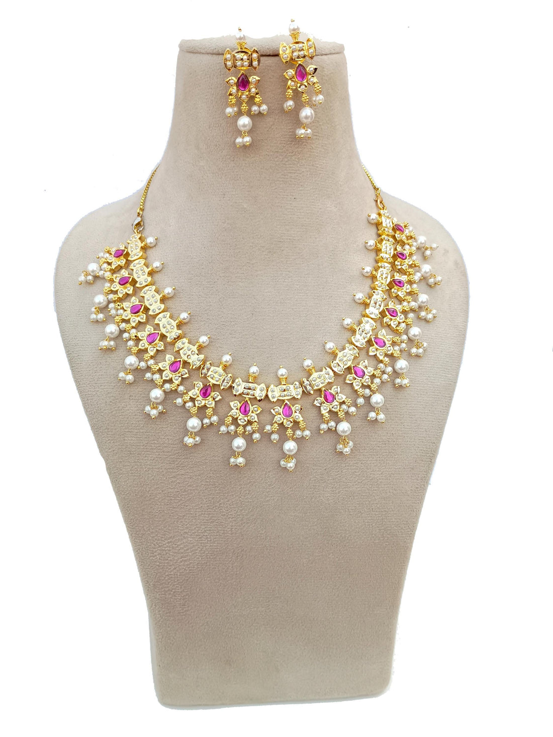 Ruby Emerald Pearl Gold Plated Necklace | Ruby Emerald Pearl Jewelry | South Indian Wedding Set | Gift For Bride | Indian Bridal Jewelry — 4